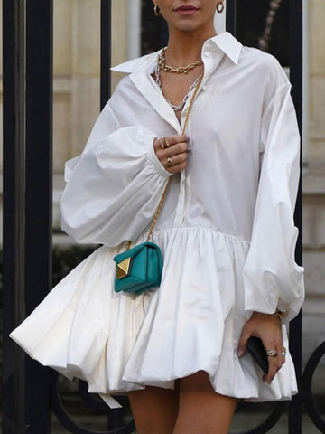 Pleated Long Sleeve Button Modern Up Collar Mini Dress