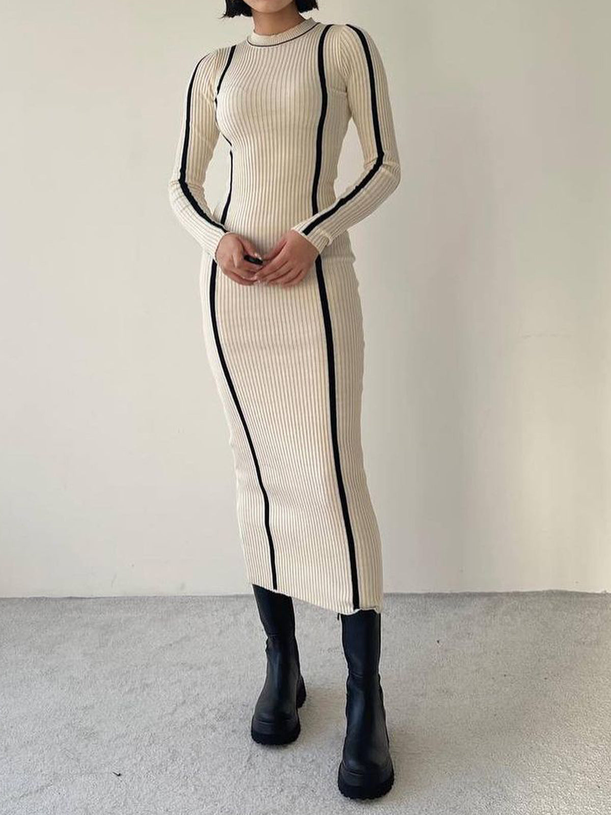 Crew Neck Contrast Trim Modern Long Sleeve Knit Midi Dress