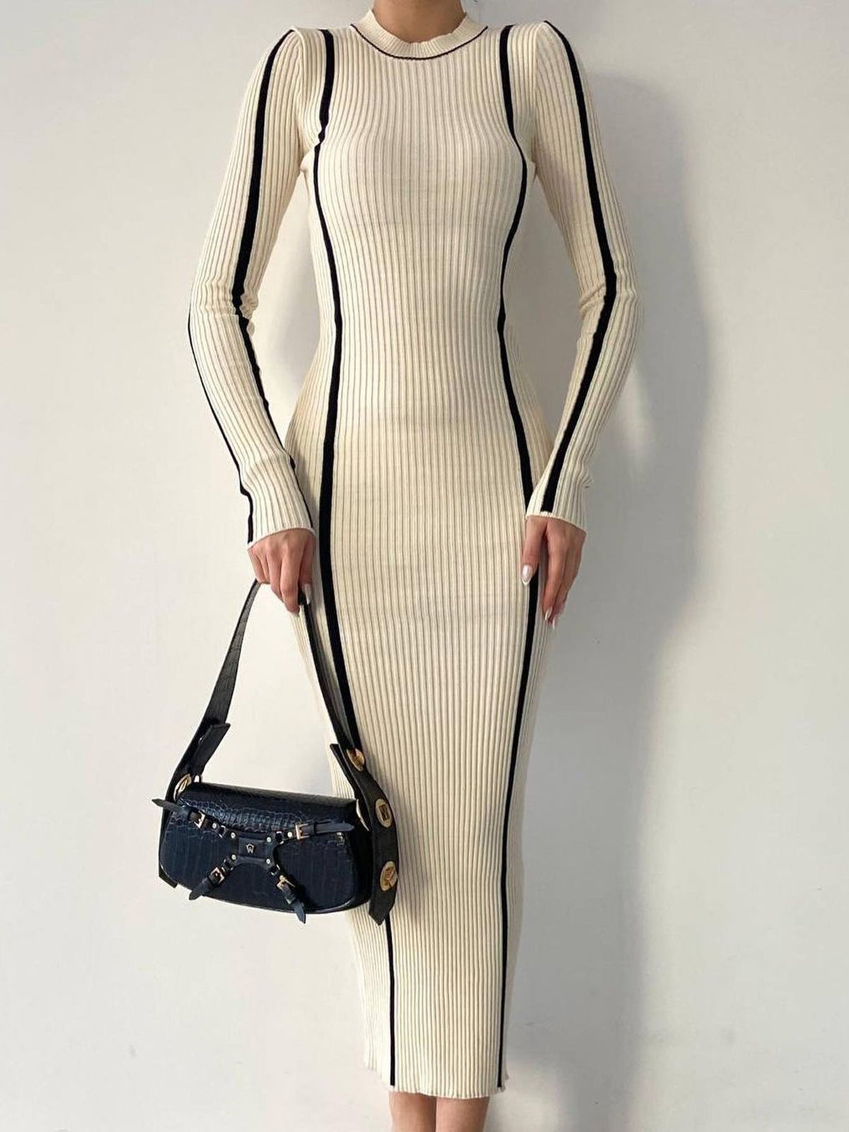 Crew Neck Contrast Trim Modern Long Sleeve Knit Midi Dress