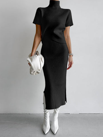 Solid High Neck Split Ribbed Classic Knit Two Pieces Skirt Set