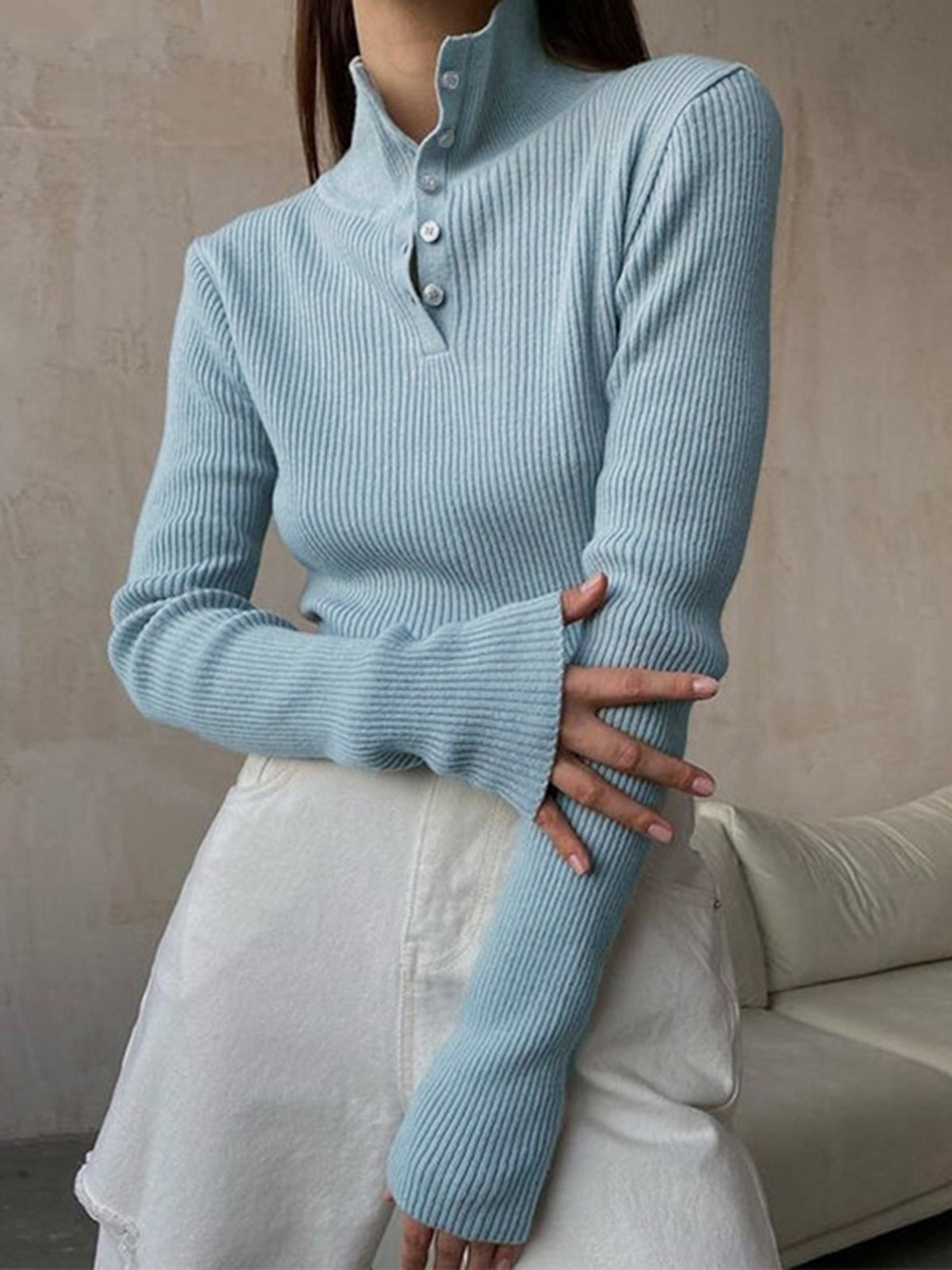 Button Up Collar Trendy Ribbed Knit Top