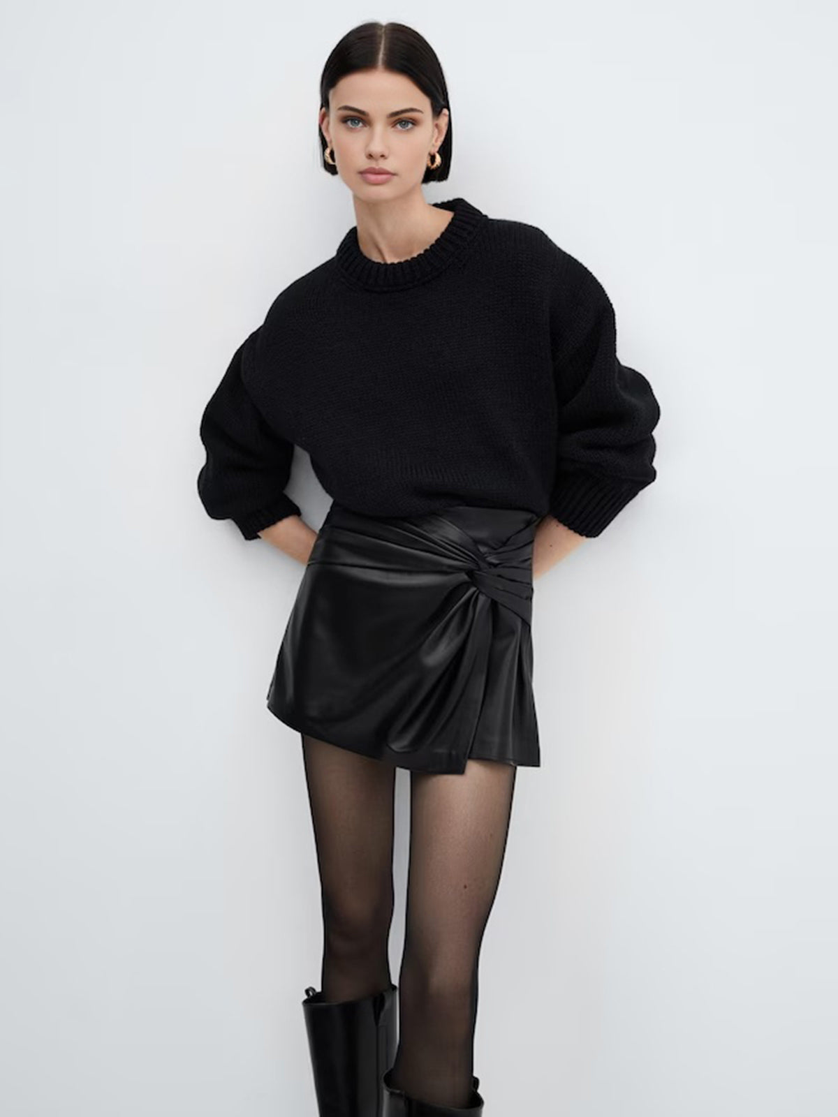 Asymmetrical Pleated Twisted Trendy Faux Leather Mini Skirt