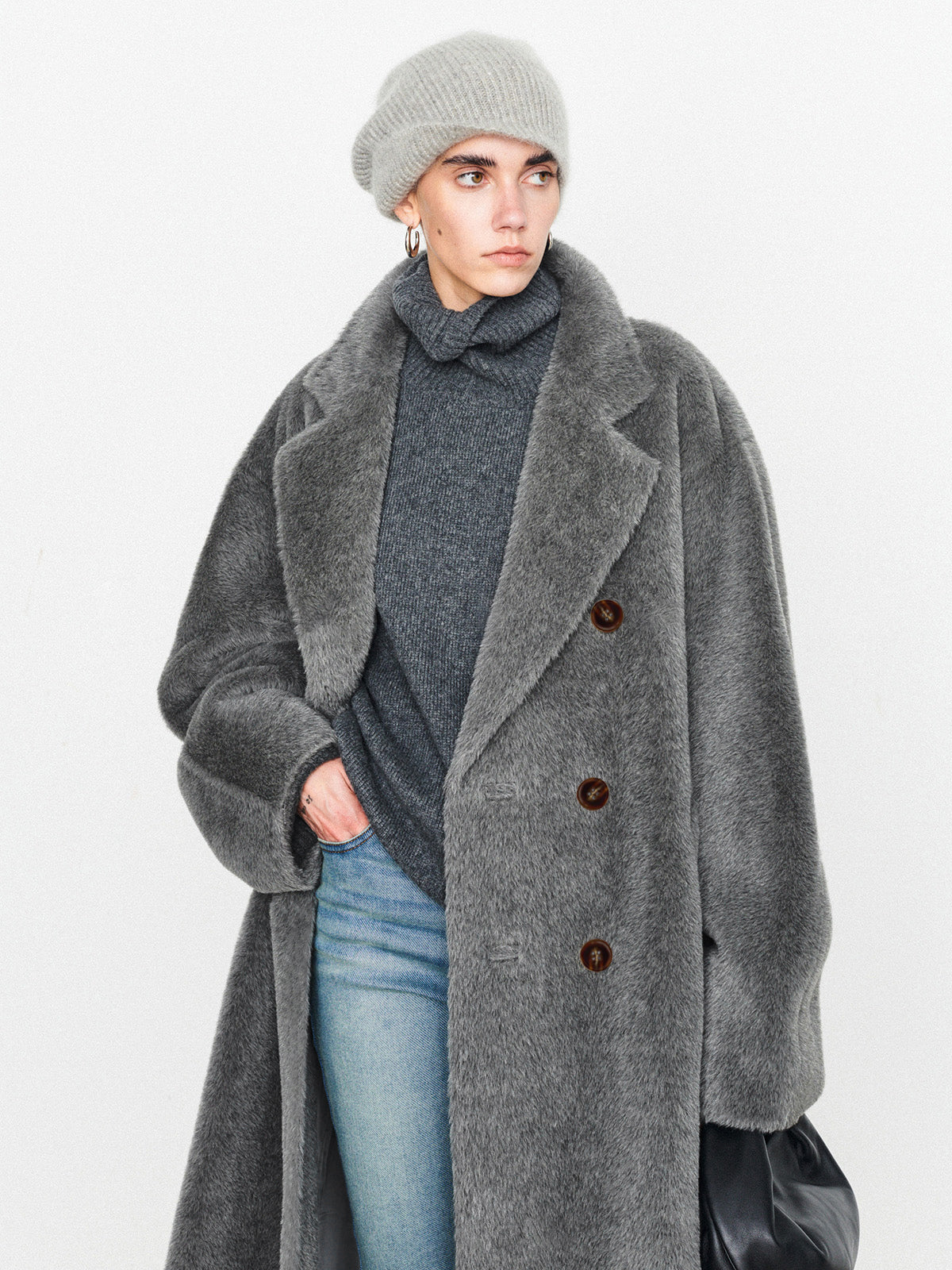 Fuzzy Solid Oversized Trendy Pocket Collar Coat