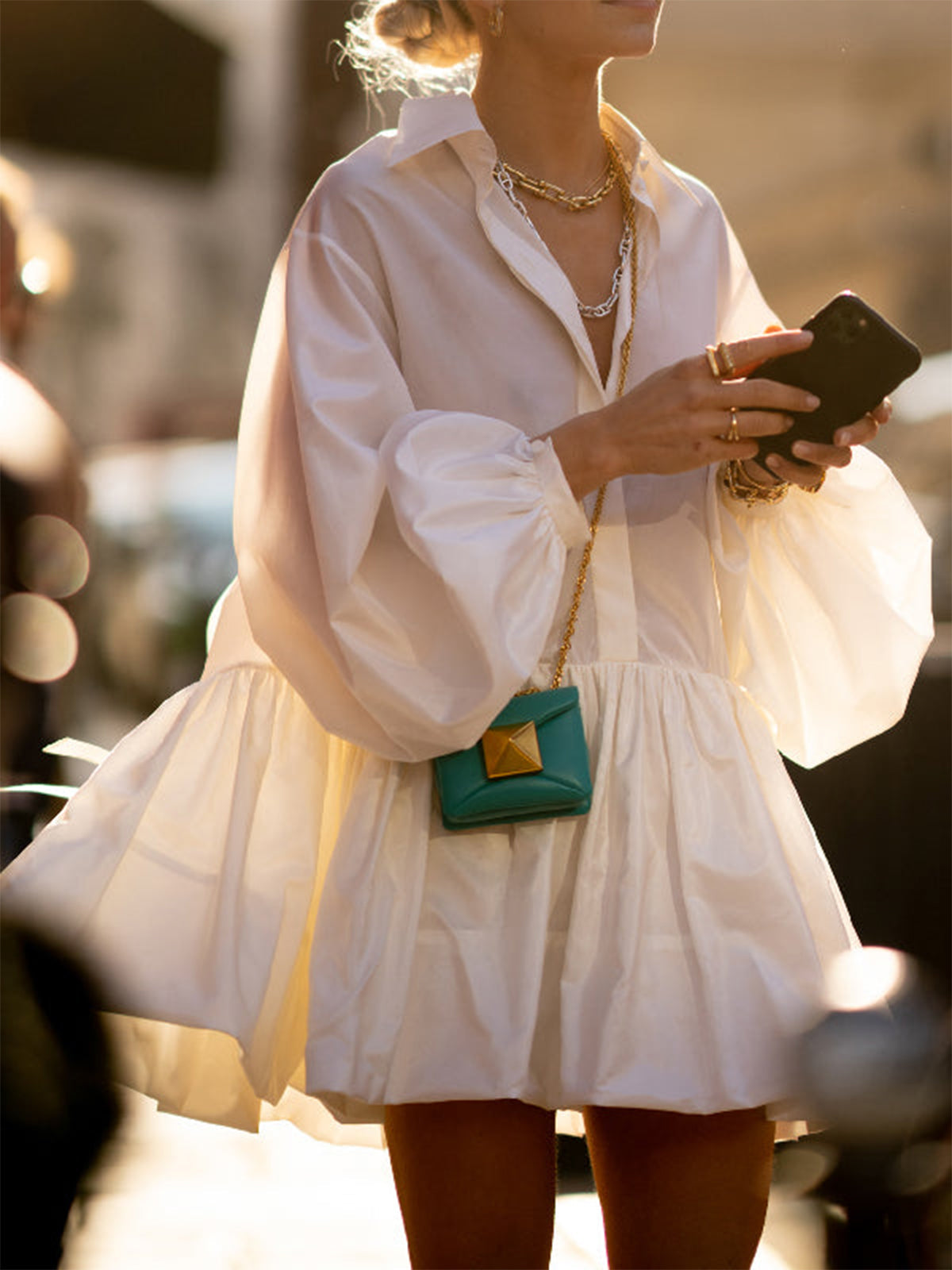 Pleated Long Sleeve Button Modern Up Collar Mini Dress