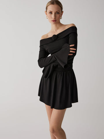 Pleated Off-Shoulder Graceful A-Line Short Dress