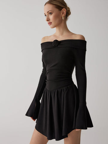 Pleated Off-Shoulder Graceful A-Line Short Dress