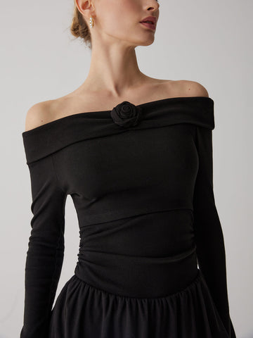 Pleated Off-Shoulder Graceful A-Line Short Dress
