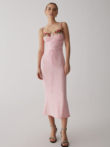 Strap Flower Lace-Up Trendy Slim Bodycon Long Dress