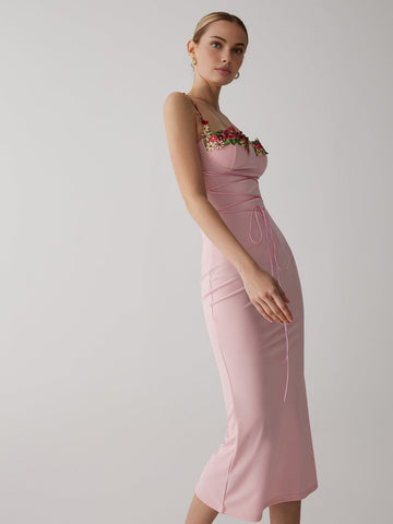 Strap Flower Lace-Up Trendy Slim Bodycon Long Dress