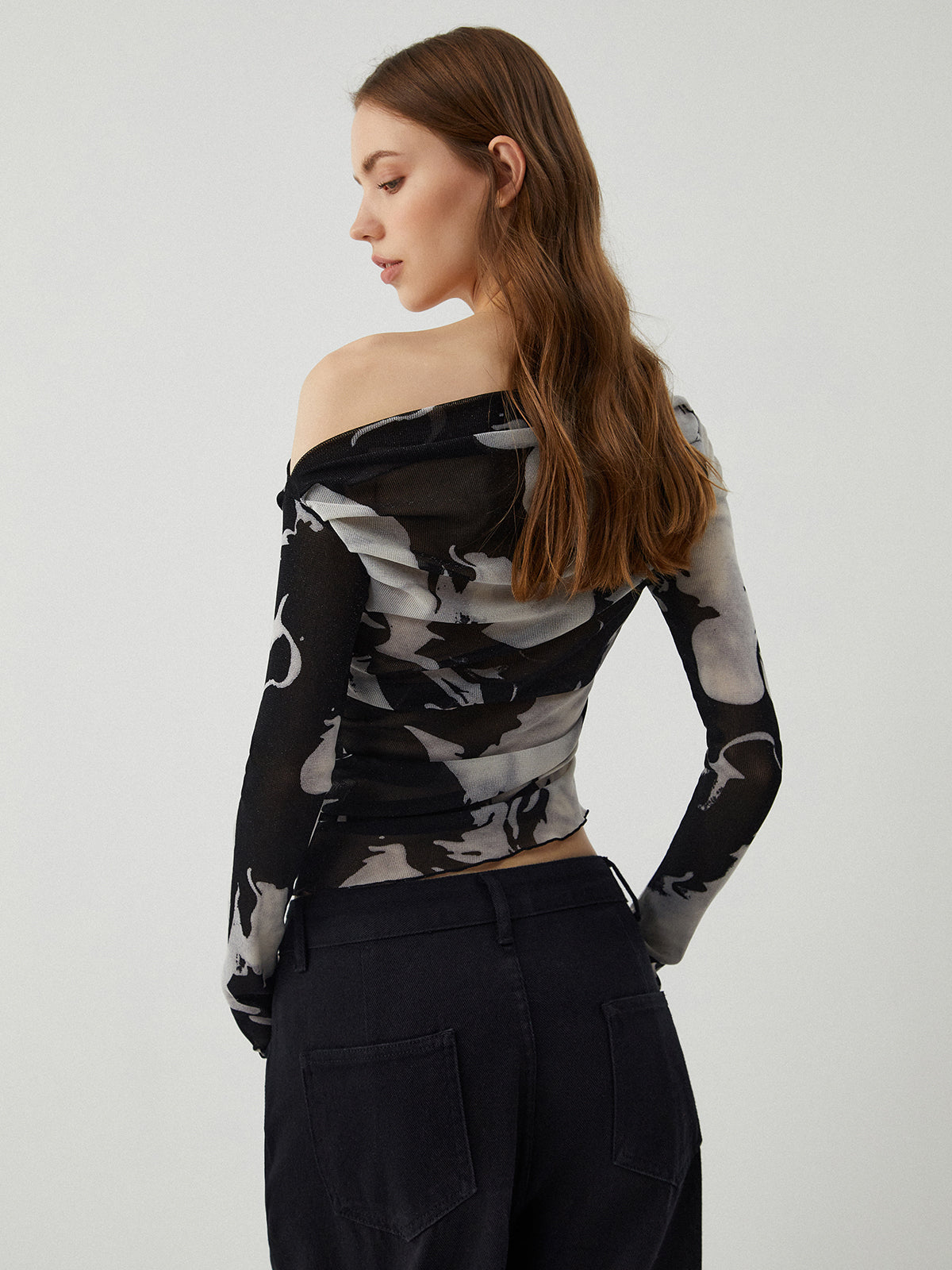 Ink Printed Graceful One-Shoulder Top