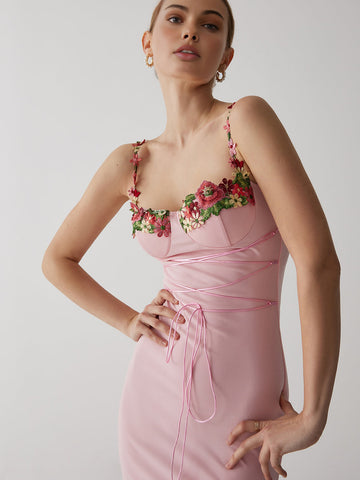 Strap Flower Lace-Up Trendy Slim Bodycon Long Dress
