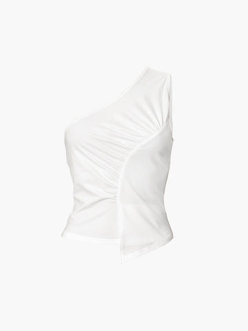 Sleeveless One Shoulder Trendy Ruched Plain Top