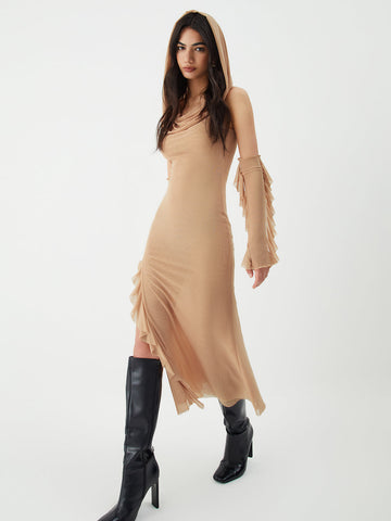 Hooded Lettuce Trim Trendy Split Midi Dress