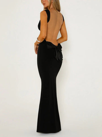 Solid Backless With Trendy Bow Long Dress