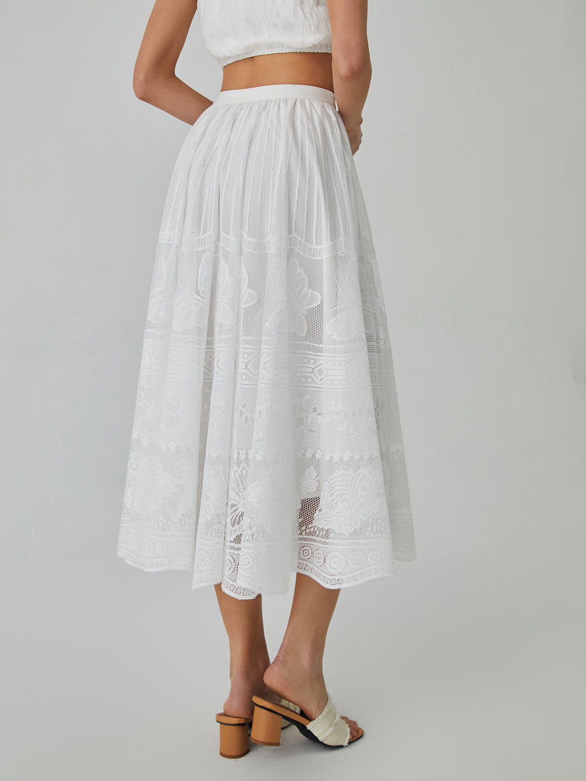 Butterfly Pattern Graceful Eyelet Midi Skirt