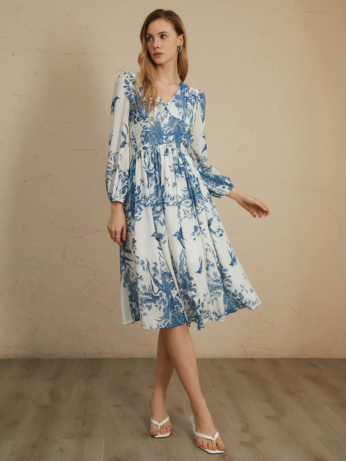 Chiffon Plant Graceful Print Midi Dress