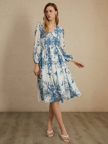 Chiffon Plant Graceful Print Midi Dress