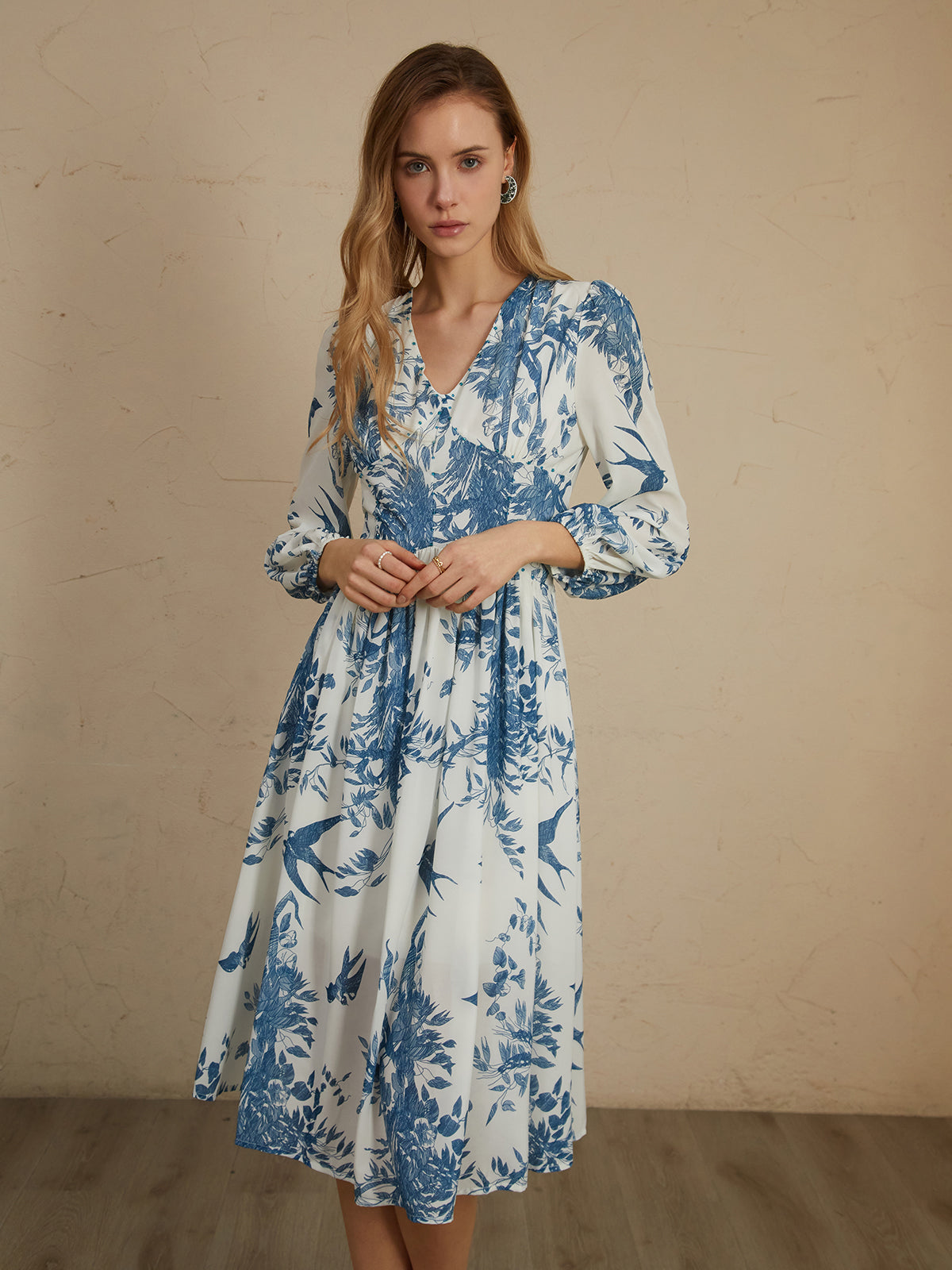 Chiffon Plant Graceful Print Midi Dress