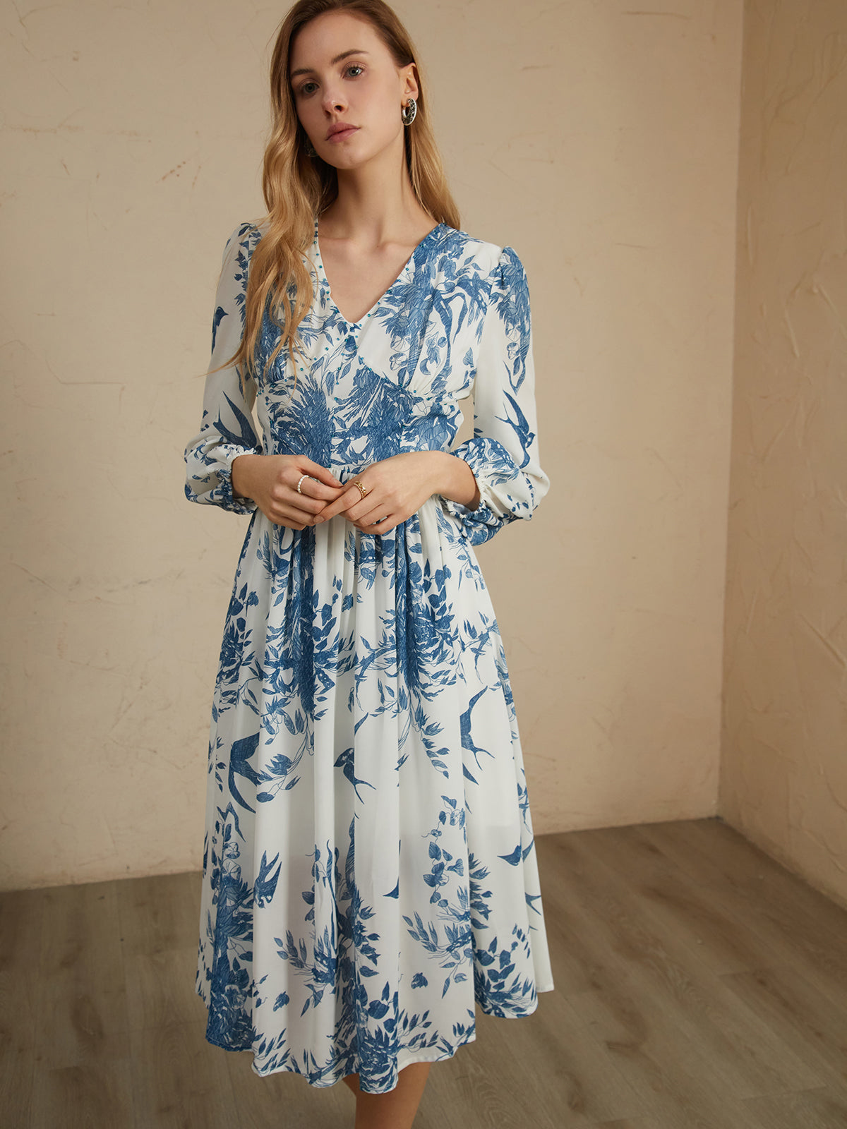 Chiffon Plant Graceful Print Midi Dress