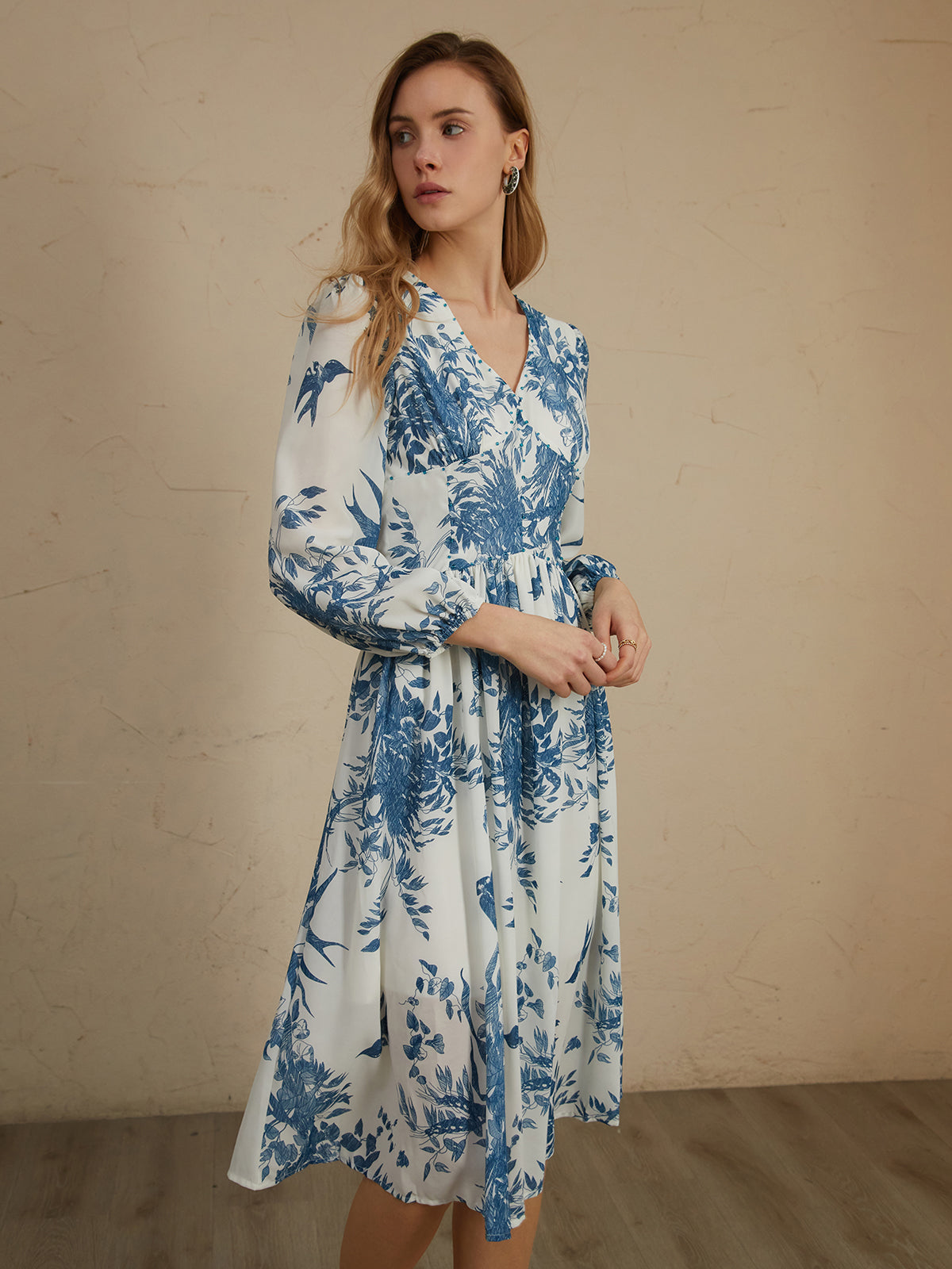 Chiffon Plant Graceful Print Midi Dress