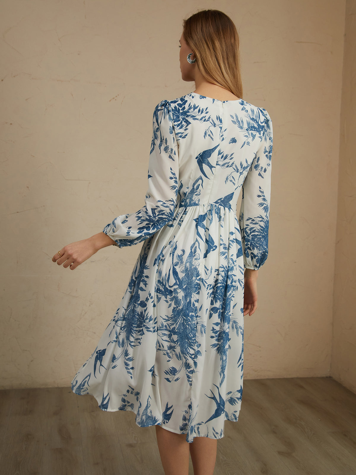 Chiffon Plant Graceful Print Midi Dress