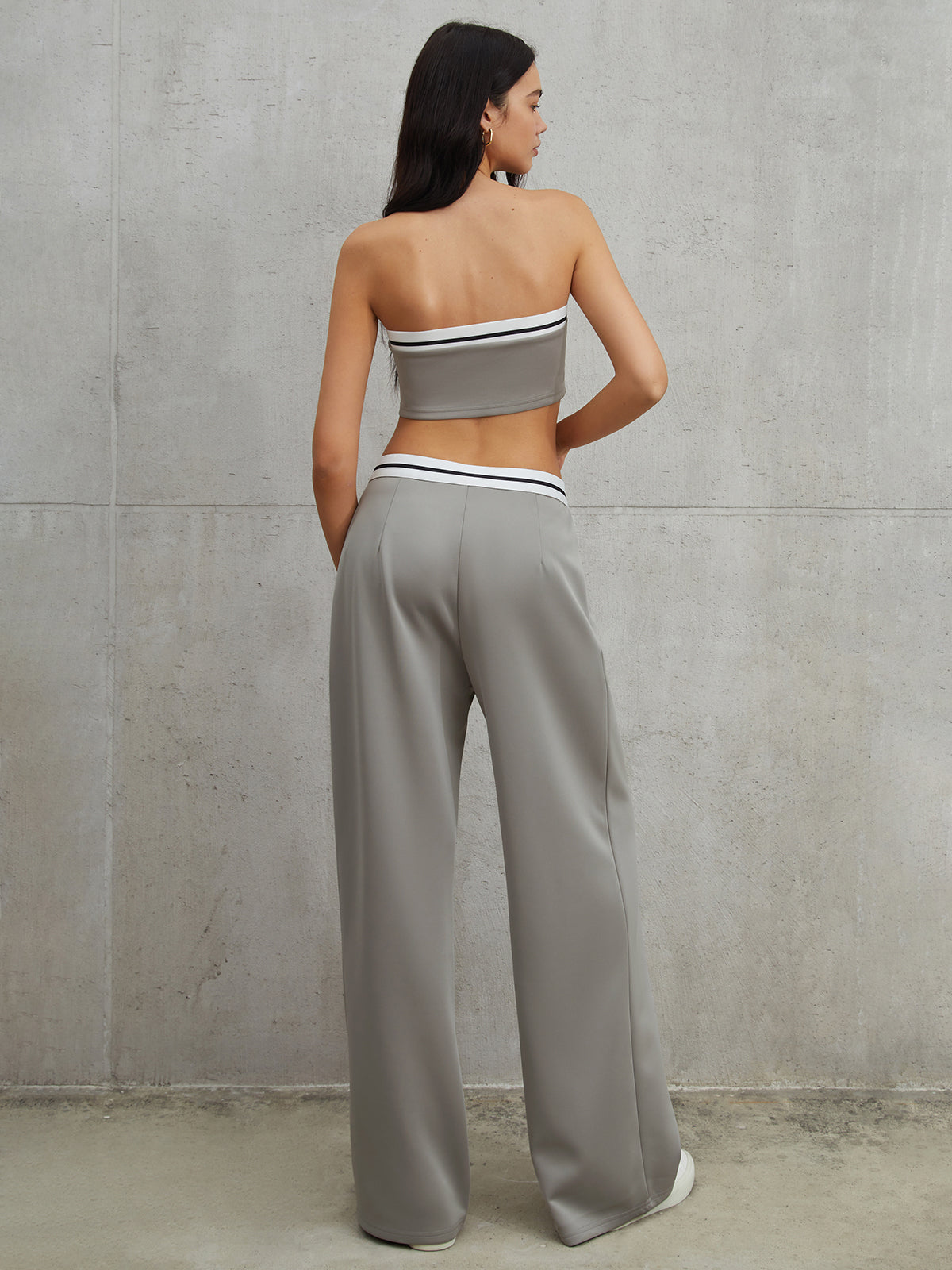 Tube Top Two Piece Modern Contrast Waistband Pants Set