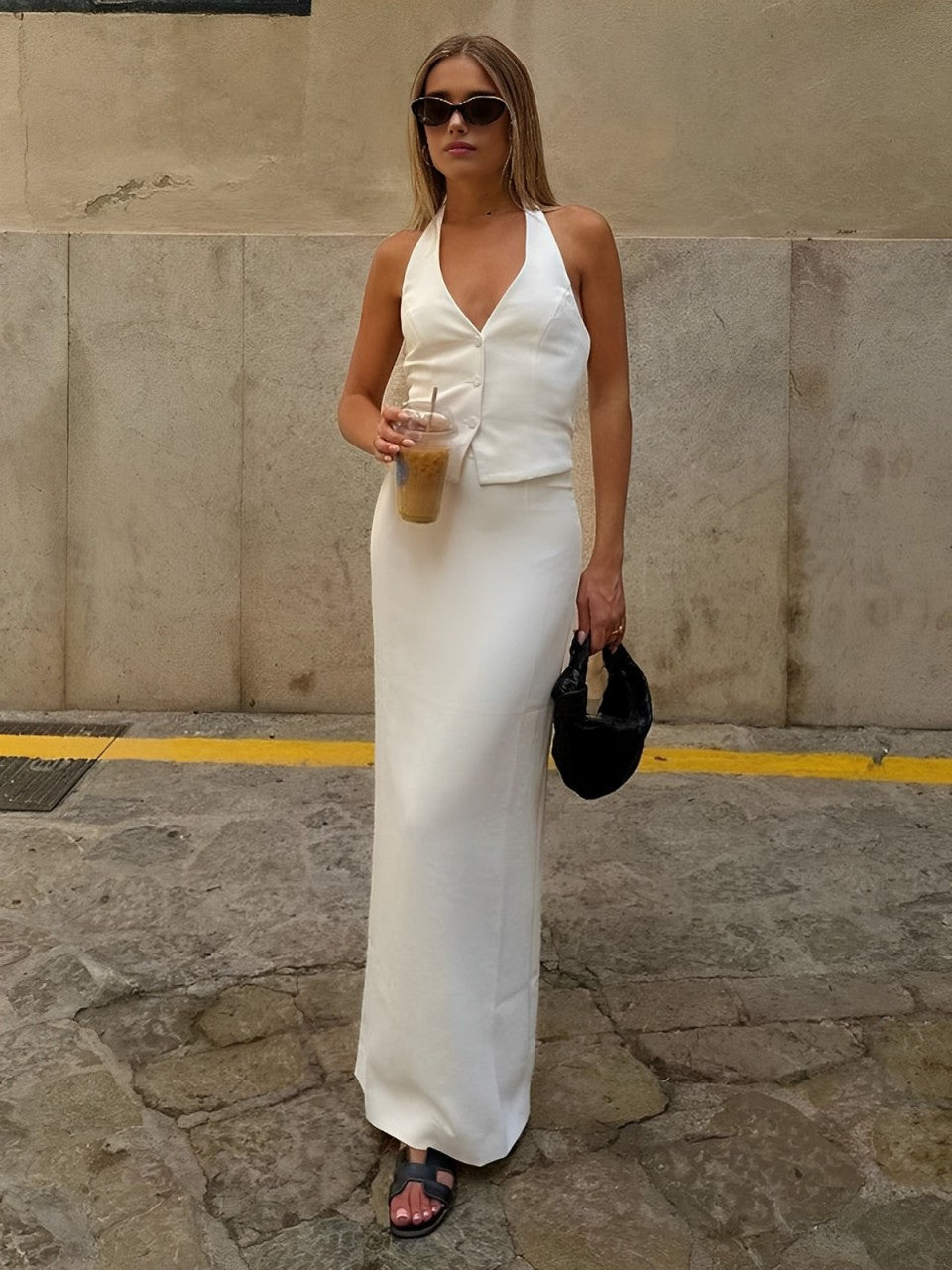 Solid V-Neck Backless Tie Up Classic Halter & Split Maxi Skirt Set