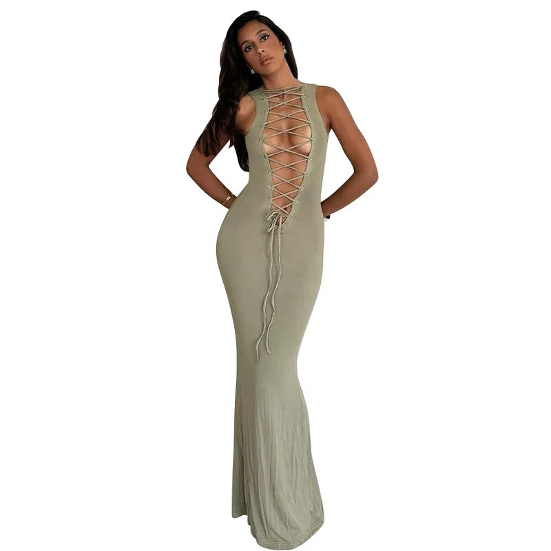 Bandage Hollow Out Fashion Sleeveless Lace-Up Slim Patchwork Maxi Dress