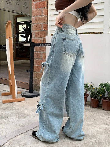 Bowknot Korean Casual Wide Leg Denim Jeans