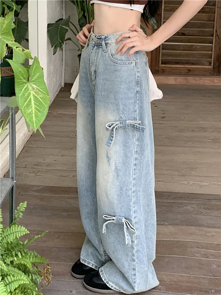 Bowknot Korean Casual Wide Leg Denim Jeans