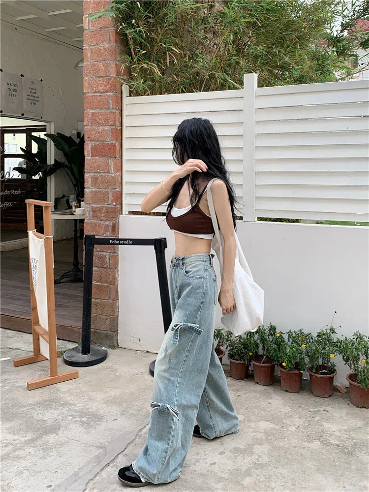 Bowknot Korean Casual Wide Leg Denim Jeans