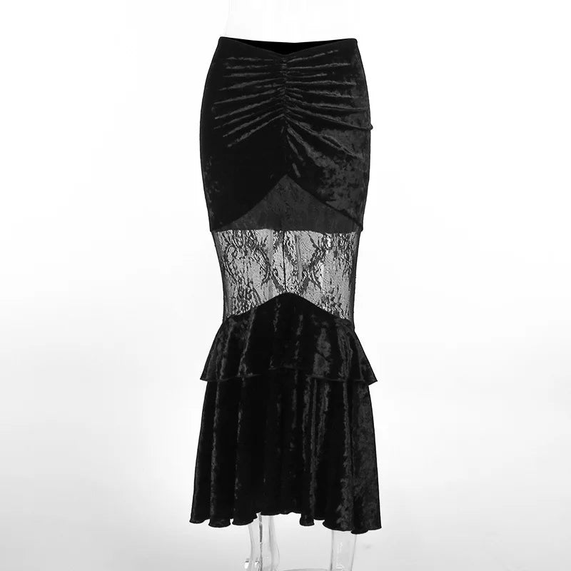 Black Women Velvet Fall Fishtail Lace Stitching Grunge Gothic Sexy Fairy Skirt