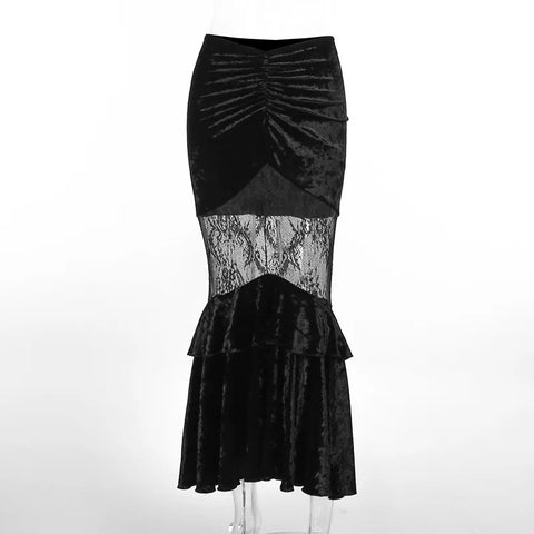 Black Women Velvet Fall Fishtail Lace Stitching Grunge Gothic Sexy Fairy Skirt