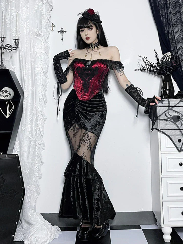 Black Women Velvet Fall Fishtail Lace Stitching Grunge Gothic Sexy Fairy Skirt