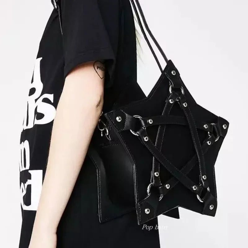 Black Gothic Retro Pentagram Punk Fashion Designer Casual Unisex Leather Bag