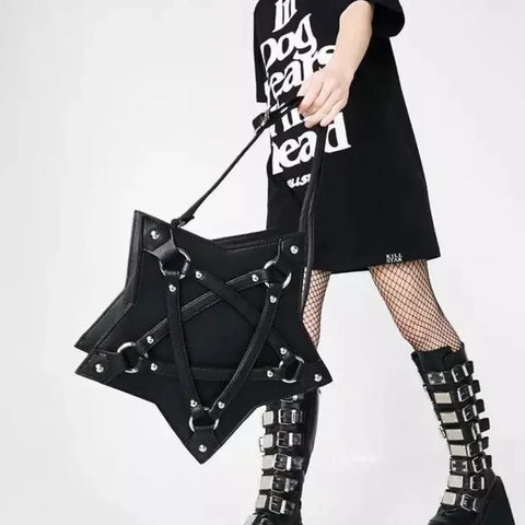 Black Gothic Retro Pentagram Punk Fashion Designer Casual Unisex Leather Bag