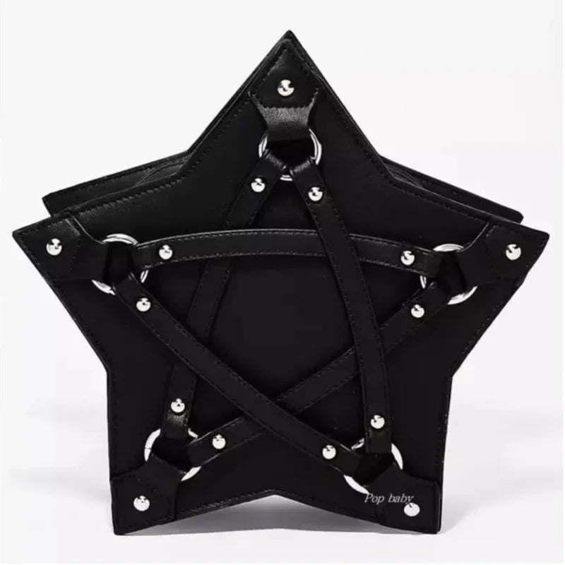 Black Gothic Retro Pentagram Punk Fashion Designer Casual Unisex Leather Bag