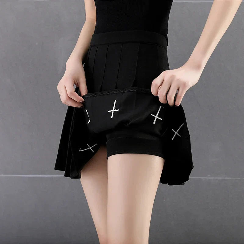 Black High Waist Pleated Cross Print Gothic Skirt