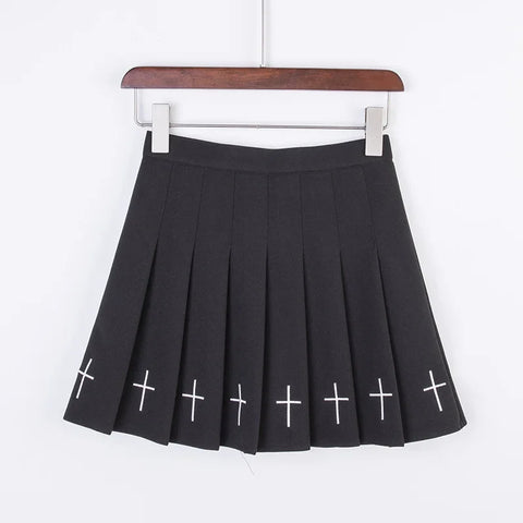 Black High Waist Pleated Cross Print Gothic Skirt