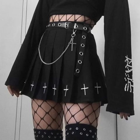 Black High Waist Pleated Cross Print Gothic Skirt