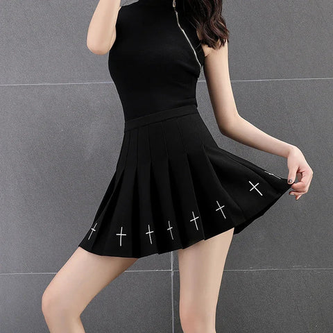 Black High Waist Pleated Cross Print Gothic Skirt