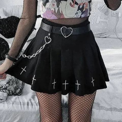 Black High Waist Pleated Cross Print Gothic Skirt