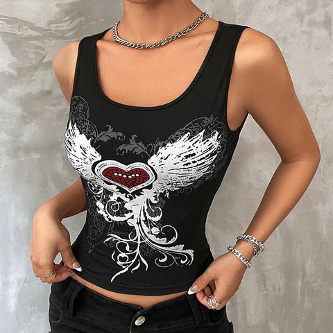 Heart & Wings Gothic Fairy Dark Printed Grunge Crop Top