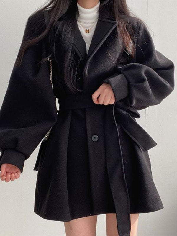 Puff Sleeve Belted Woolen Coat