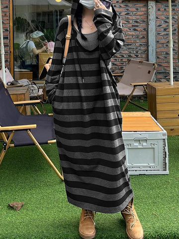 Hooded Stripe Long Sleeve Maxi Dress