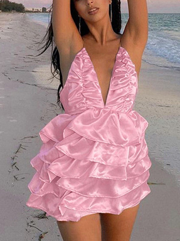 Backless Ruffle Tiered Slip Mini Dress