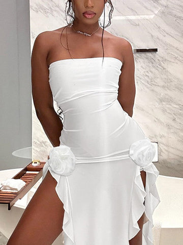 Split Ruffle Mesh Bandeau Maxi Dress