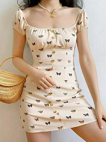 Puff Sleeve Butterfly Mini Dress