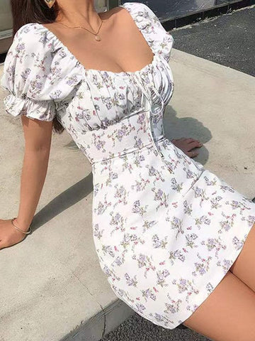 Backless Puff Sleeve Floral Mini Dress