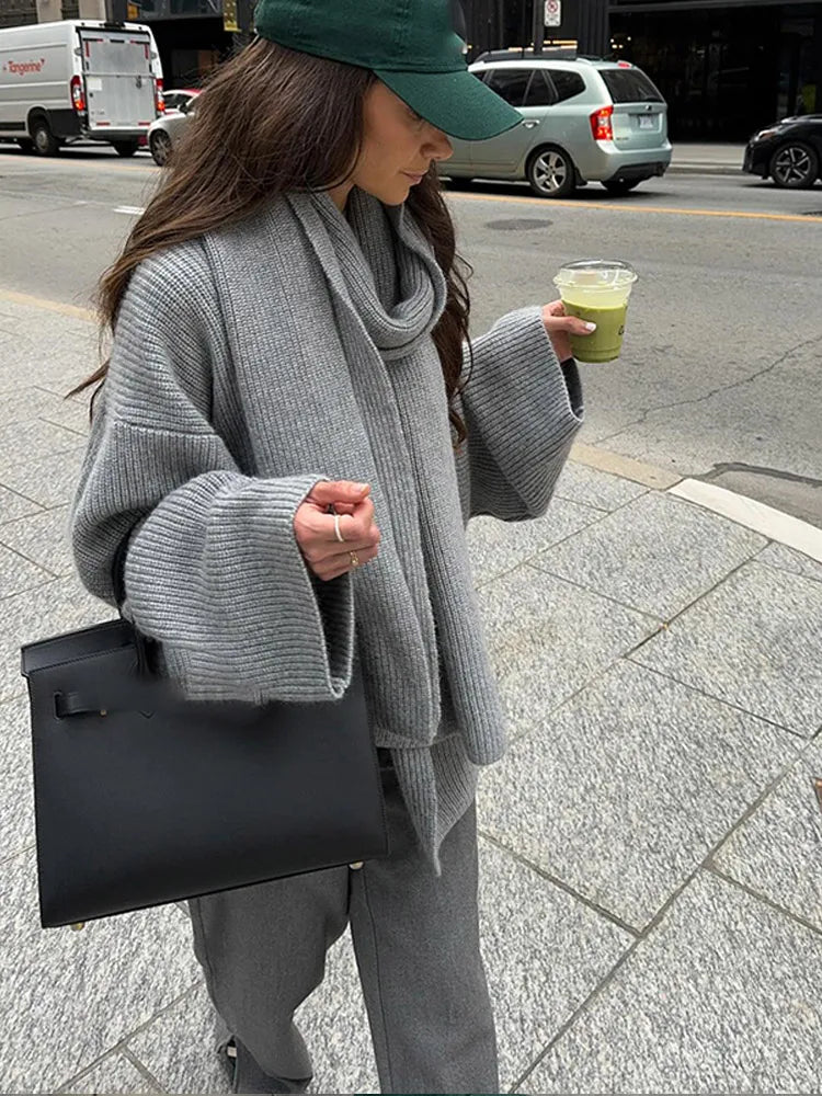 Casual Grey Cropped Oversize Women's Scarf Collar Long Sleeve Knitted Pullover Sweater